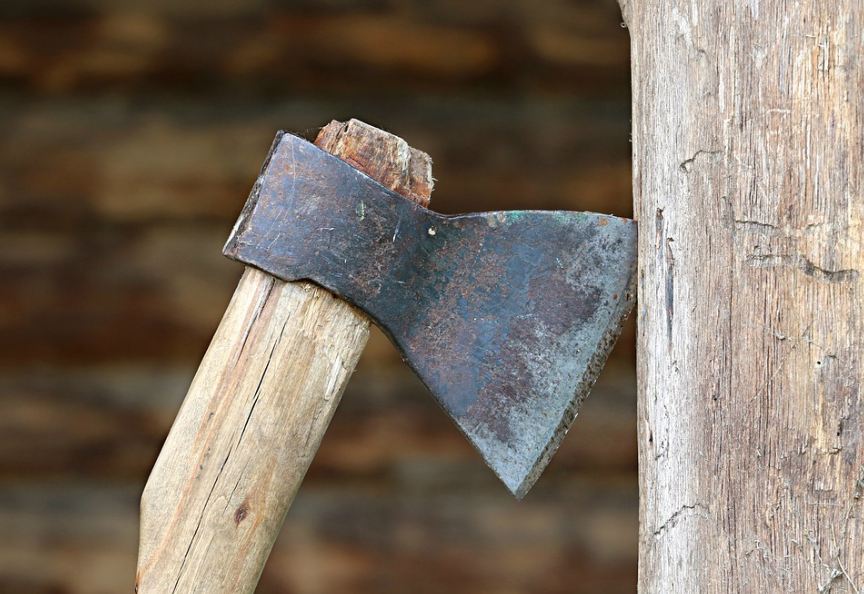 a hand ax cutting through firewood